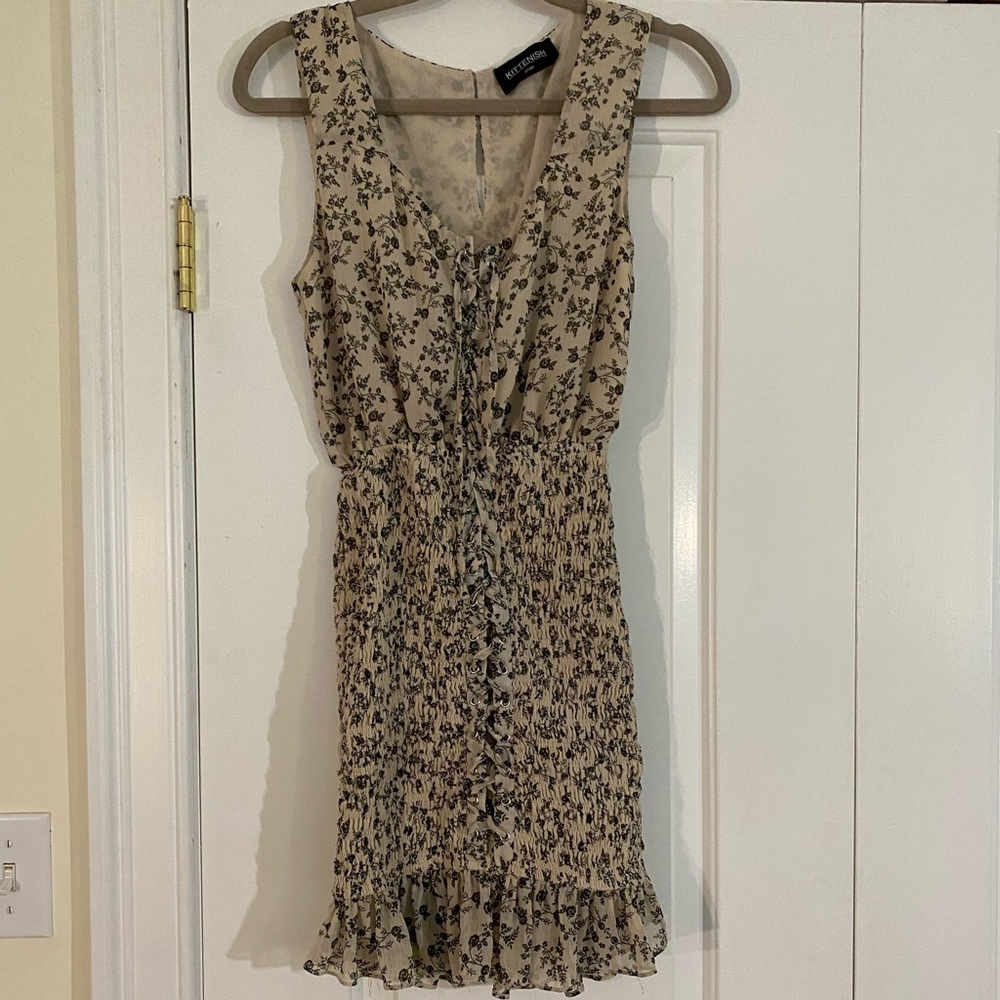 Tan and black dress, ruched and lace-up details